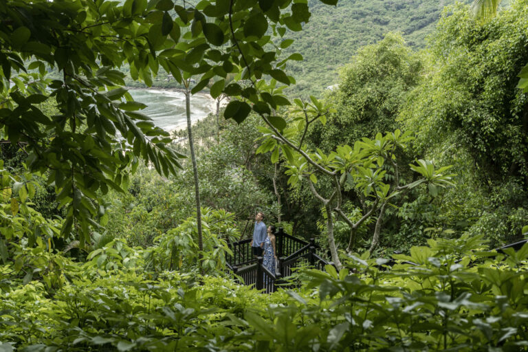 A couple walk through a jungle path surrounded by beautifu lnature with the beach seen down below in the distance