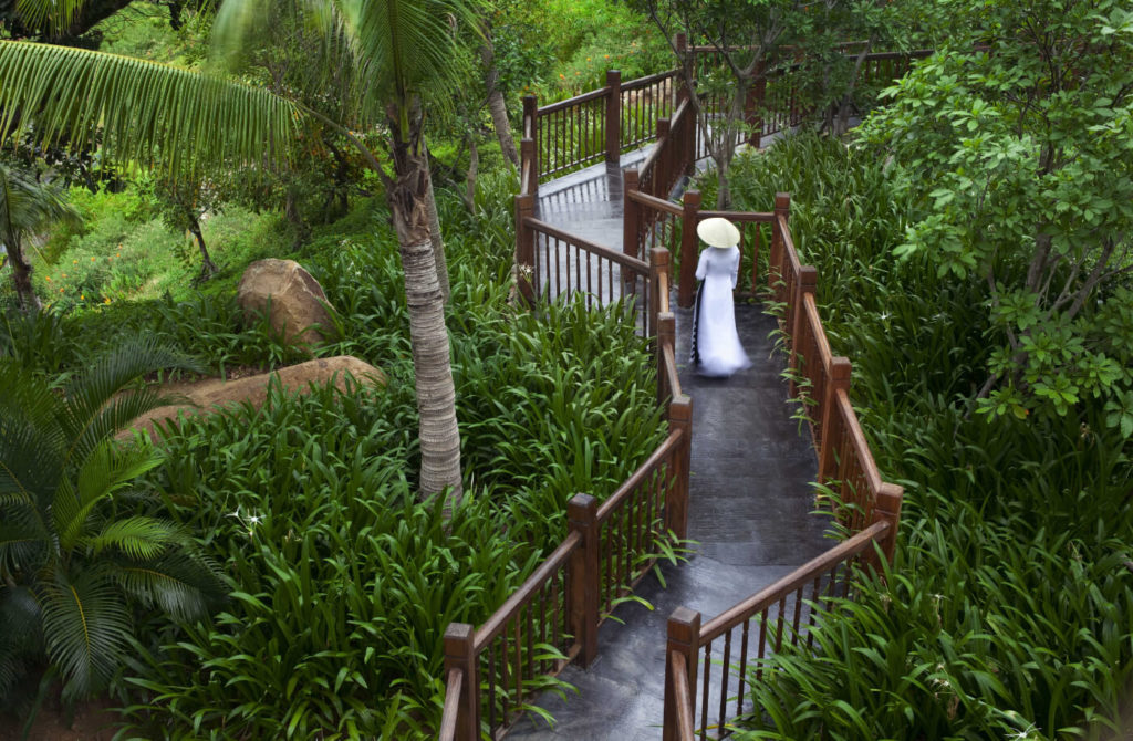 A woman in a white ao-di walks along a boardwalk through the pristine jungle nature reserve