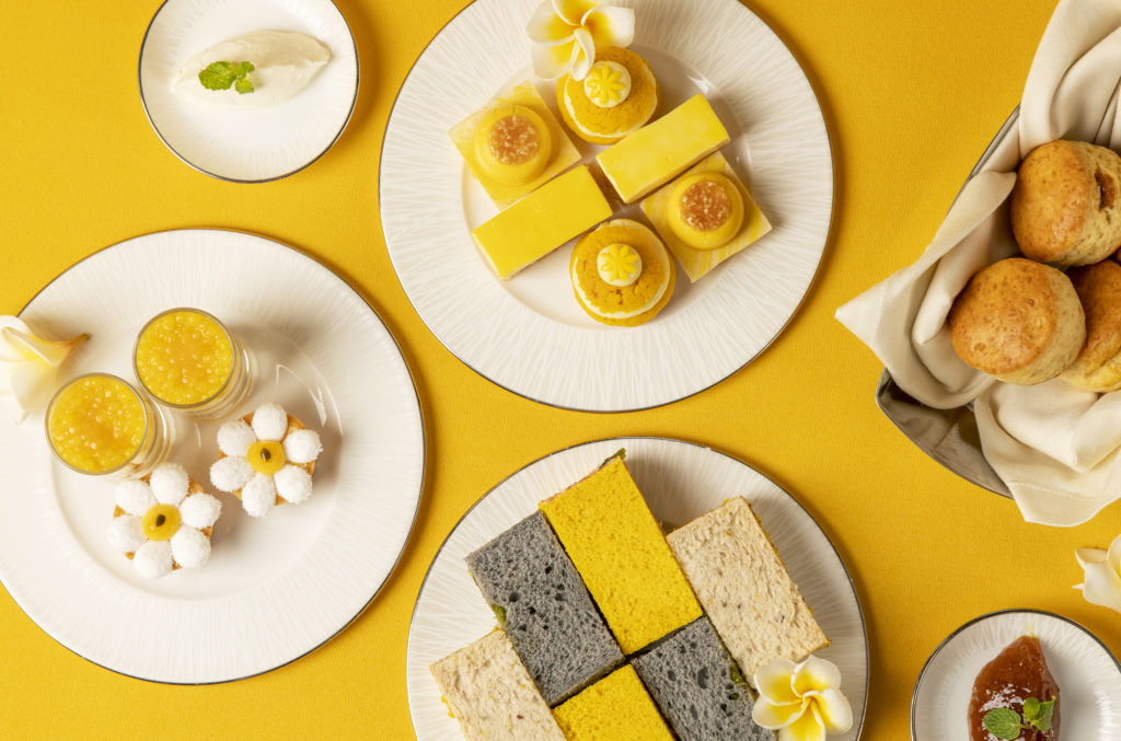 Healthy afternoon tea with finger sandwiches and apricot mousse