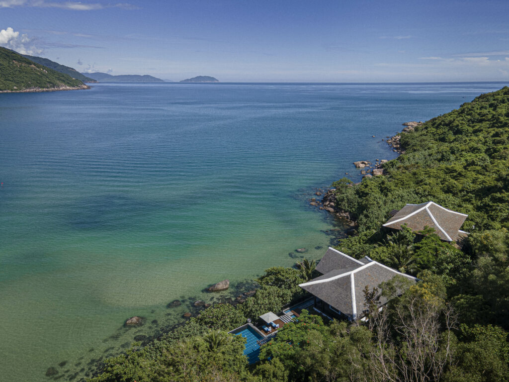 Aerial view of the villa, rainforest and ocean view