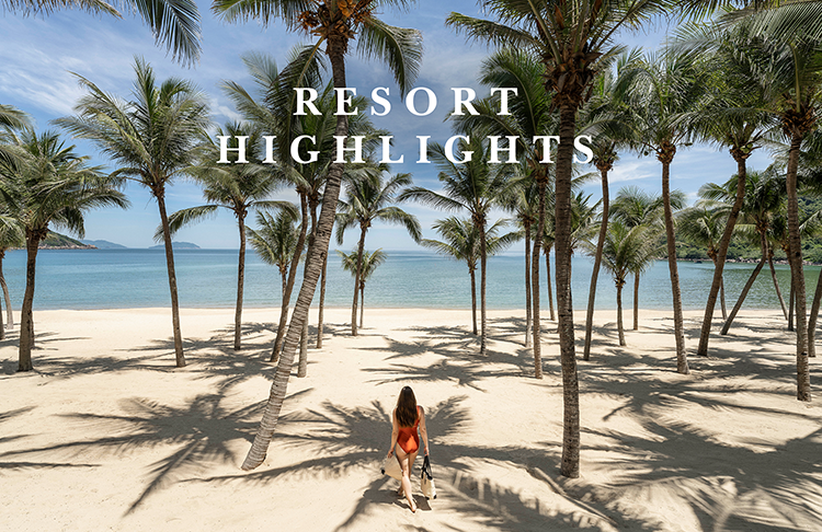 Resort Highlight Cover with lady in red swim suit walking under palm tree beach