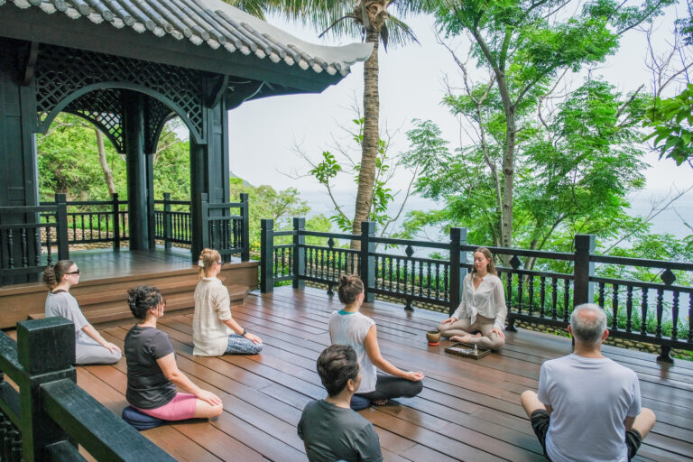 A group meditation session at the relaxatin pavillion