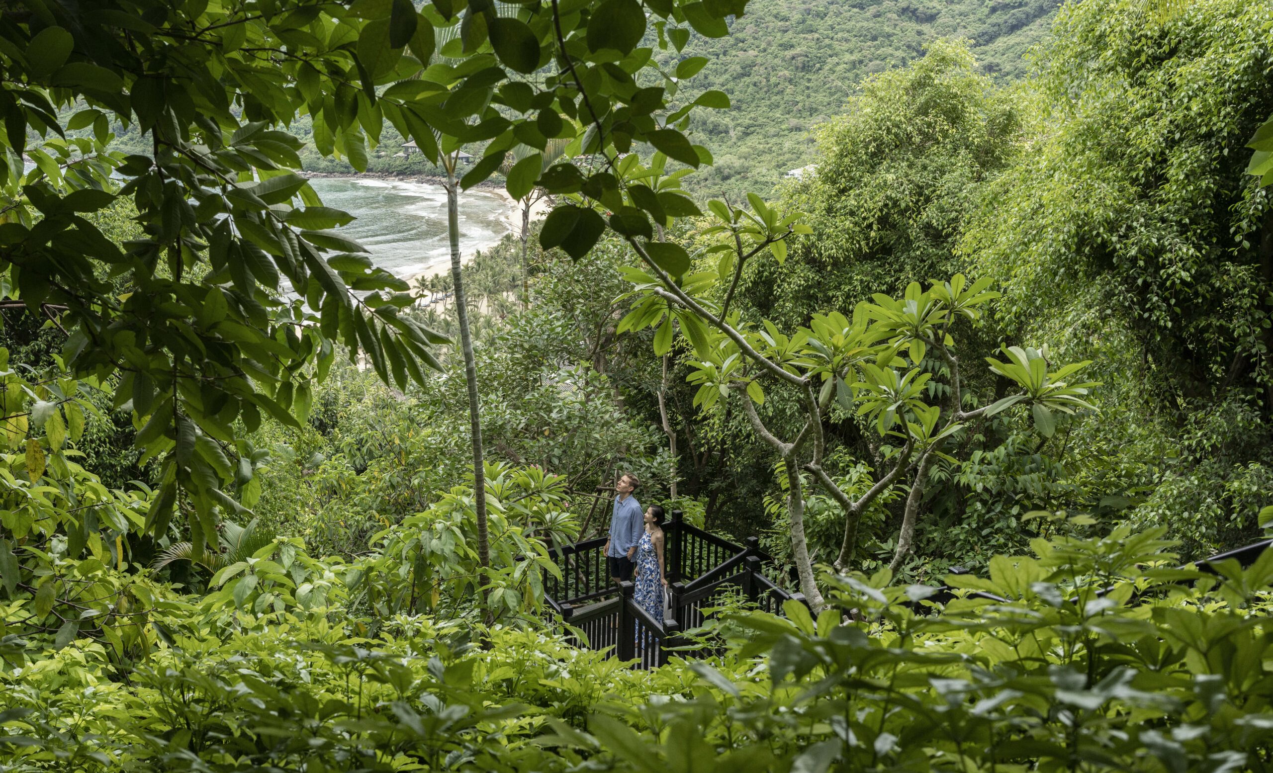 Couple walking in tropical rainforest garden with beach in distance